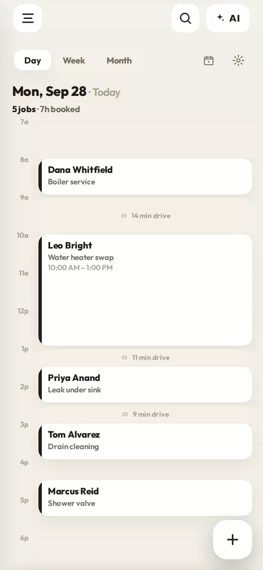 The Workeey calendar's day view: five jobs from 8am to 4:30pm, the drive time between each one, and 5 jobs, 7h booked at the top.