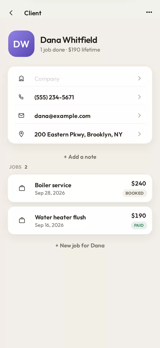 A client's page in Workeey: Dana Whitfield's contact details, one job done and $190 lifetime, room for notes, and her jobs with Booked and Paid badges.