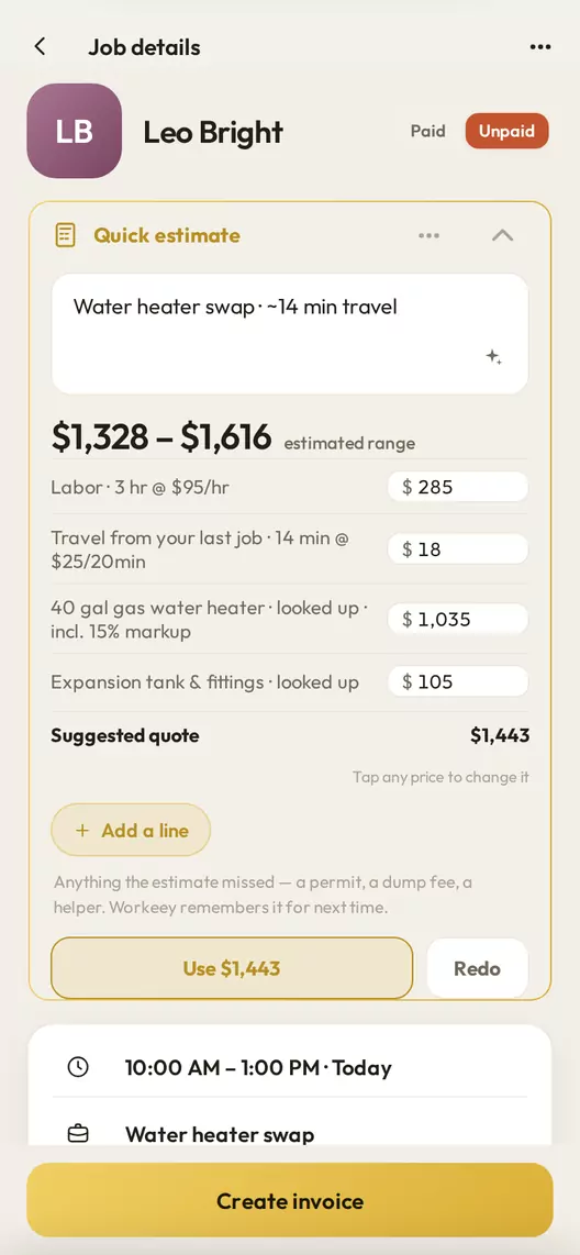 A job in Workeey with its quick estimate open: a range of $1,328 to $1,616, the labor, travel and parts lines with their prices, and a suggested quote of $1,443.