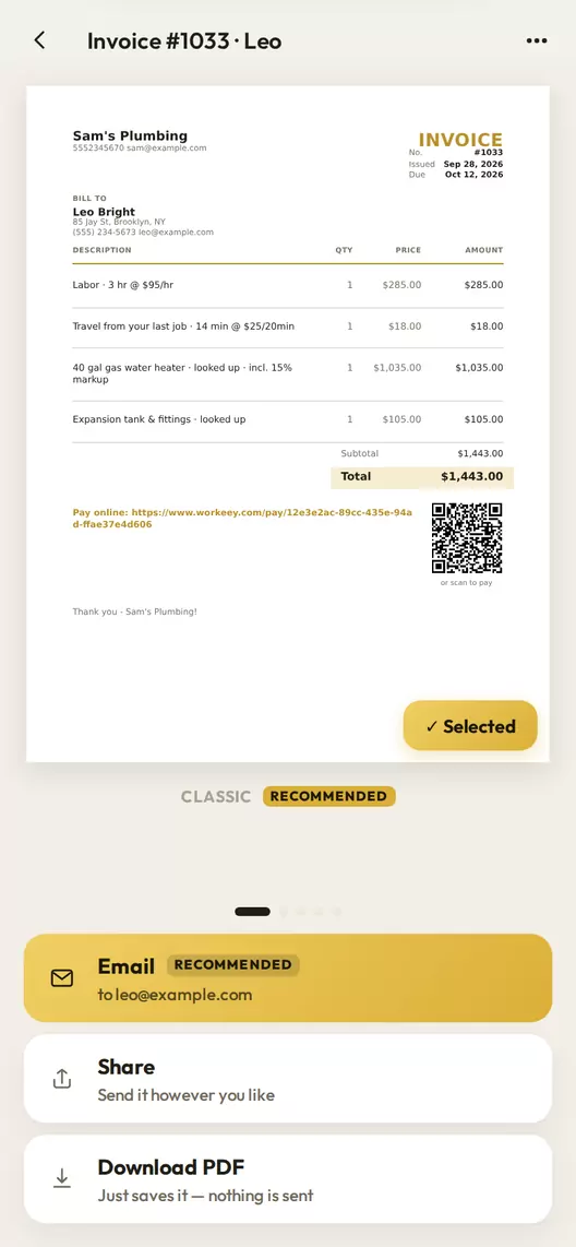 An invoice ready to send in Workeey: the invoice on paper in the Classic style, with its pay link and QR code, and Email, Share and Download PDF underneath.