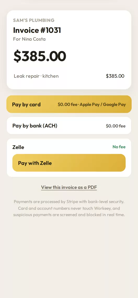 The page a customer sees after tapping the pay link: Sam's Plumbing, invoice 1031 for $385.00, and buttons to pay by card with Apple Pay or Google Pay, by bank, or with Zelle.