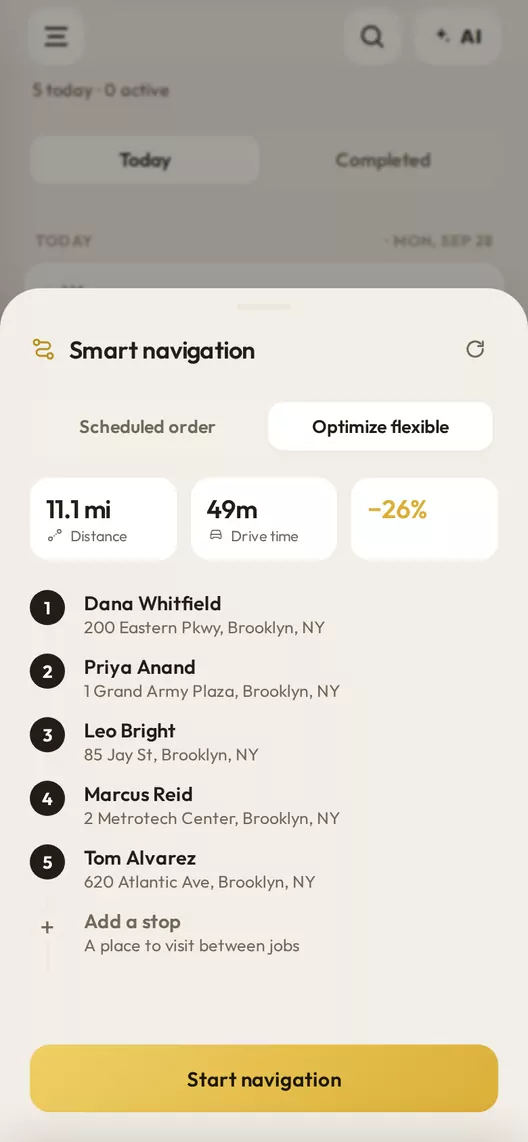 Workeey's Smart navigation sheet: five of today's jobs in a new order, with the total distance, the drive time and how much shorter the day is, and a Start navigation button.