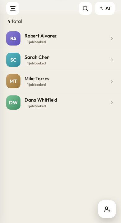 A Workeey client card with contact info, address and history
