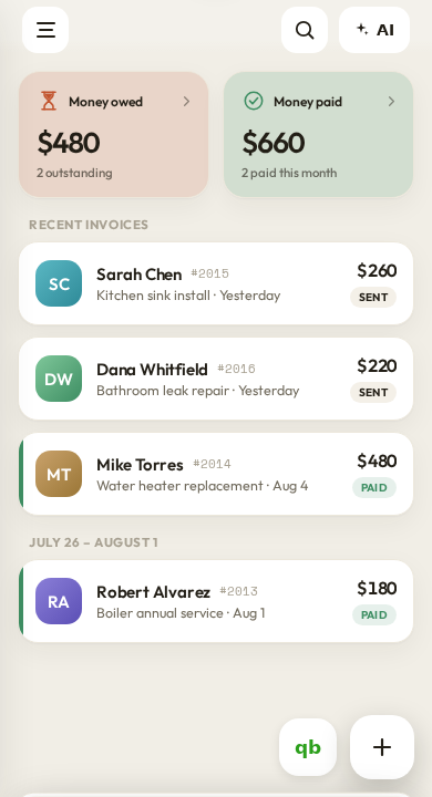 The Workeey invoices screen: money owed and money paid at a glance